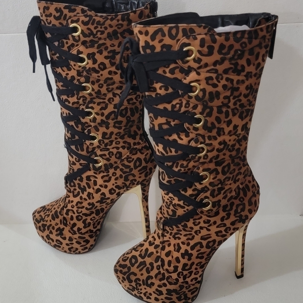 ALBA " Alice-3 " Leopard Lace Up with Zip Up Back Plarform Stiletto Boots